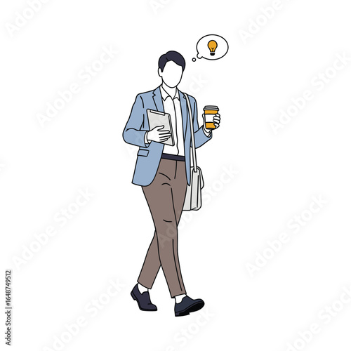 An illustration of a businessman walking with coffee and a tablet, having a sudden brilliant idea.