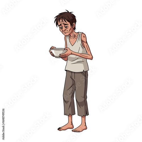 An illustration of a gaunt, impoverished man in tattered clothes, holding an empty bowl and looking sad.