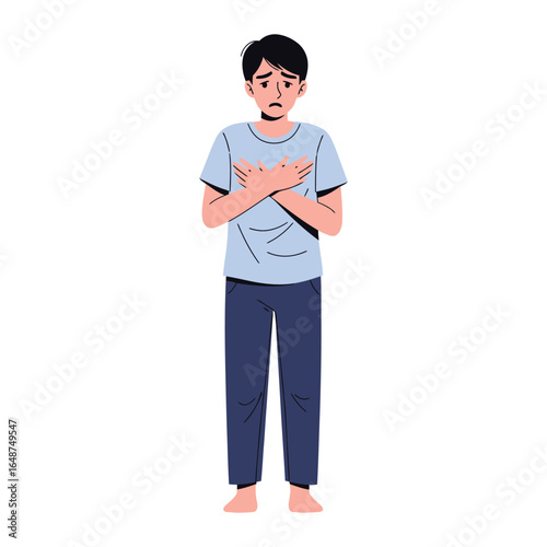 A worried young man with a sad expression, crossing his arms over his chest in a defensive posture.