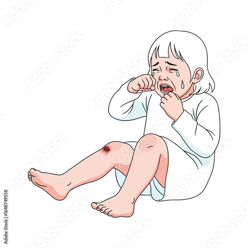 A young child crying in pain from a scraped, bleeding knee injury.