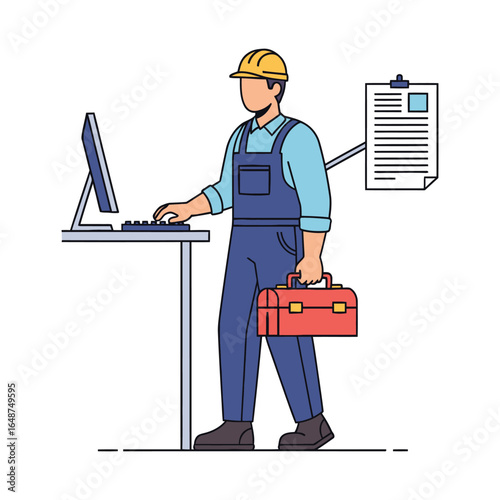 An industrial worker in a hard hat and overalls uses a computer at a standing desk while holding a toolbox.