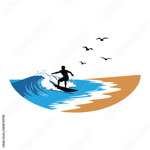 Silhouette of a surfer riding a blue ocean wave towards a sandy beach with birds flying overhead.