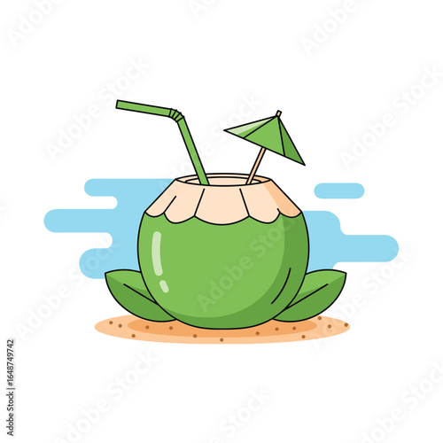 A cartoon illustration of a fresh green coconut drink with a straw and umbrella on a sandy beach.