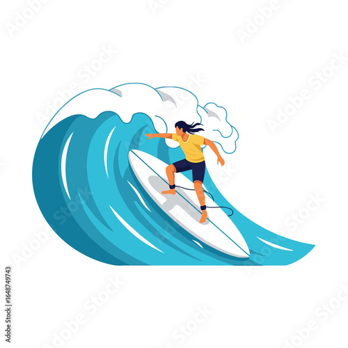 A dynamic illustration of a surfer with long hair riding a large, curling blue ocean wave on a white surfboard.