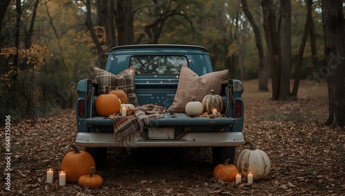 Vintage car with pumpkins, rustic autumn harvest concept