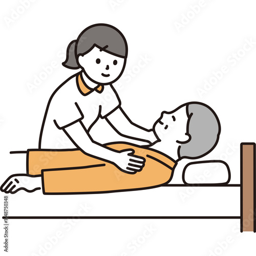 A compassionate female caregiver providing assistance to an elderly person resting in bed. Illustration depicting nursing and home care services.