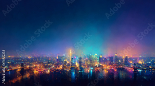 Wallpaper Mural Aerial view of a city skyline at night with colorful lights reflecting on the water below the buildings Torontodigital.ca