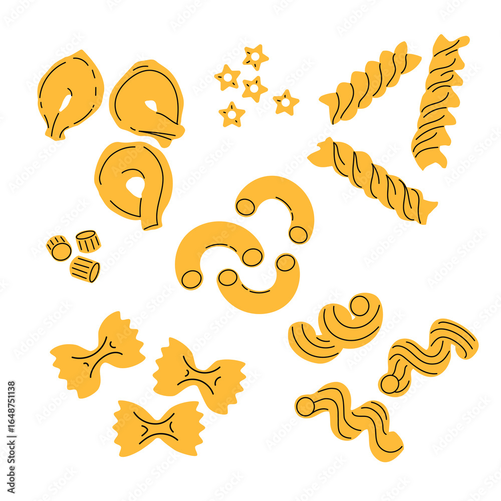 Obraz premium Different sorts of pasta in flat modern style. Farfalle, tortellini, stellini, ditalini, fusillii, macaroni, cavatappi. Traditional Italian home made food. Vector illustrations isolated on white.