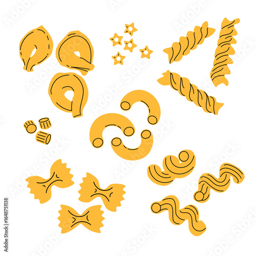 Different sorts of pasta in flat modern style. Farfalle, tortellini, stellini, ditalini, fusillii, macaroni, cavatappi. Traditional Italian home made food. Vector illustrations isolated on white.