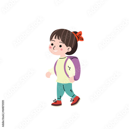 Cute cartoon girl with a backpack walking happily. Flat vector illustration of a school child in casual clothes, ideal for educational content, back to school themes, or children's designs.