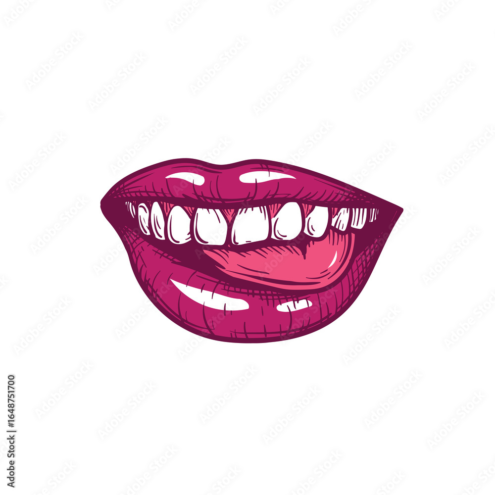 Fototapeta premium Sexy smiling mouth with bright red glossy bitten lips and tonque. Color sketch hand drawn style. Vector illustration isolated on white background.