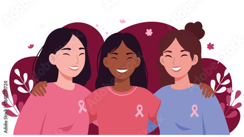 Diverse women with pink ribbons for breast cancer awareness, flat vector illustration. Health care and prevention campaign concept.