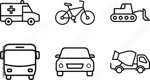 Collection of Minimal Line Icons Representing Various Vehicles Including Cars, Trucks, Buses, Motorcycles, Bicycles, Construction Equipment, and Emergency Vehicles