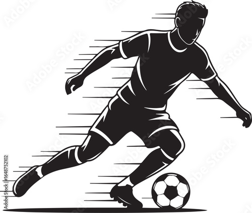 Dynamic soccer player dribbling ball with speed lines