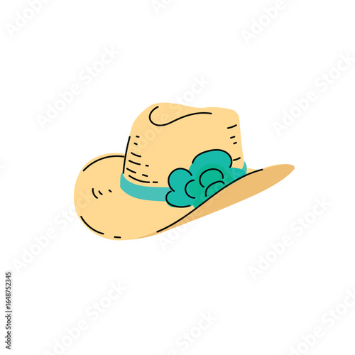 Beach straw summer women hat with turquise ribbon and flower. Modern flat design. Vector illustration isolated on white background.