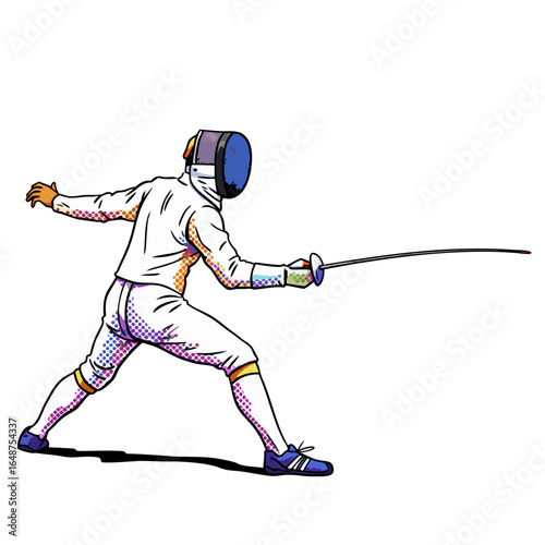 Fencer in motion attacking with sword during competition  