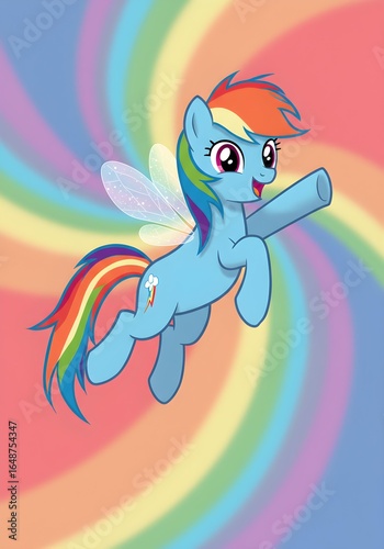 Rainbow Dash Pony Cartoon Character Flying with Wings.