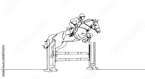 Equestrian rider jumping over a barrier during a show jumping event  