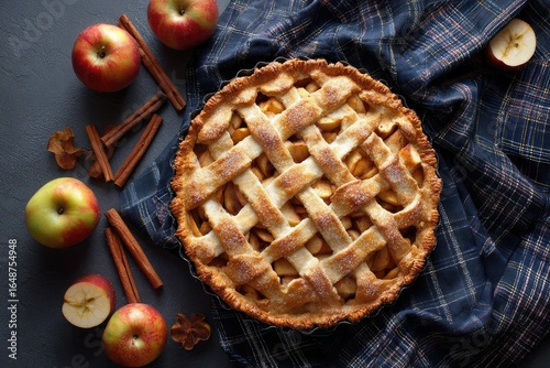 Freshly baked apple pie with apples, cinnamon, and leaves on a dark background