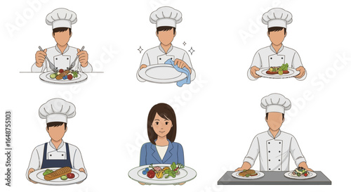 Diverse Chefs Serving Varied Dishes in a Restaurant Setting.