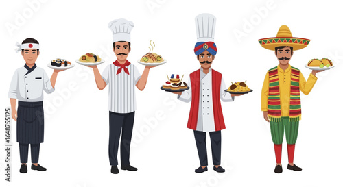 Diverse Culinary Professionals Serving Global Cuisine Dishes.