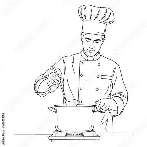 Focused Chef in Action Carefully Ladling Soup.