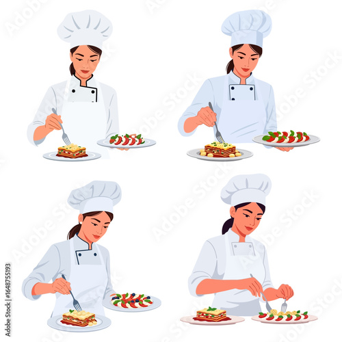 Four Chefs Presenting Lasagna and Caprese Salad Dishes Culinary Illustration.