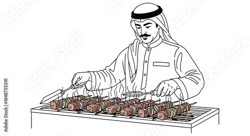 Line art of a man in traditional clothing grilling kebabs with onions.