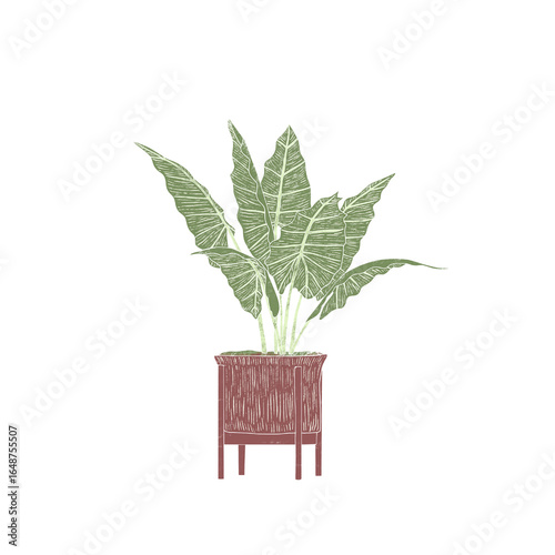Tropical Plant in Wooden Stand – Hand-Drawn Linocut Style Botanical Illustration.