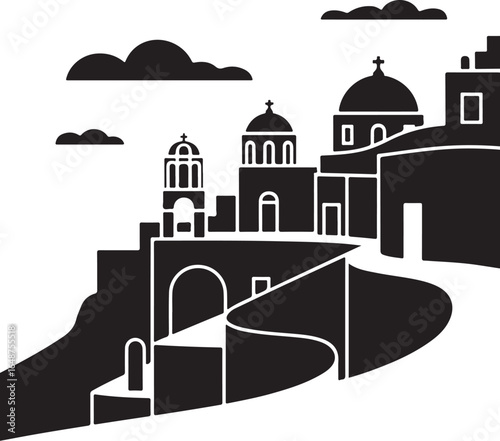 Charming village skyline with iconic domes and winding paths