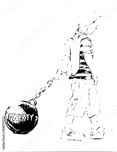 Illustration of a child burdened by a ball and chain labeled poverty in black and white drawing style