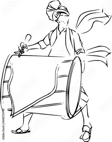 Illustration of a man playing a large drum with a stick wearing a turban and traditional clothing