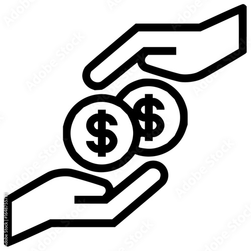 Hands exchanging dollar coins in a transaction with a simple black and white line drawing style icon