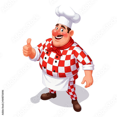 Cheerful Cartoon Chef with Red Checkered Uniform Giving a Thumbs Up.