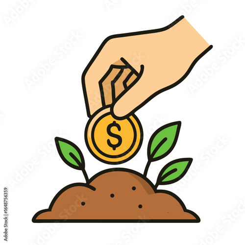 Hand putting coin into soil with growing plants, symbolizing investment and growth.