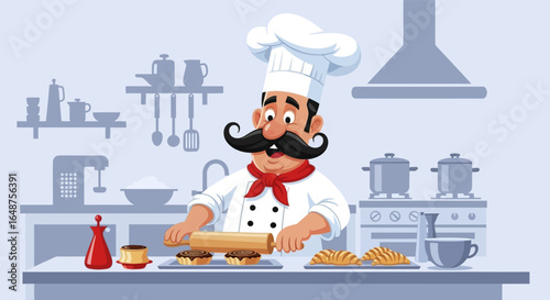 Cheerful Chef Preparing Delicious Pastries in a Vibrant Kitchen.