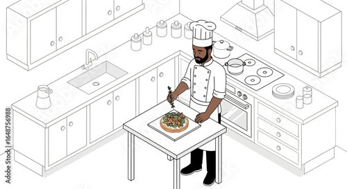 Chef Garnishing Pizza in Modern Kitchen Isometric View Black and White Illustration.