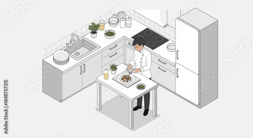 Chef preparing a gourmet dish with tweezers in a modern kitchen setting.