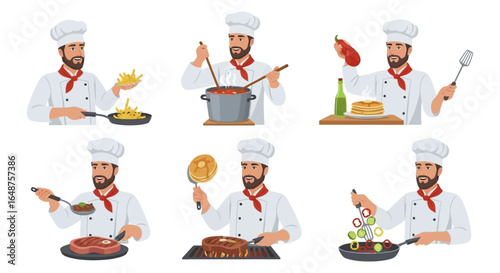 Chef Preparing Various Dishes Fries Soup Pancakes Steak and StirFry.