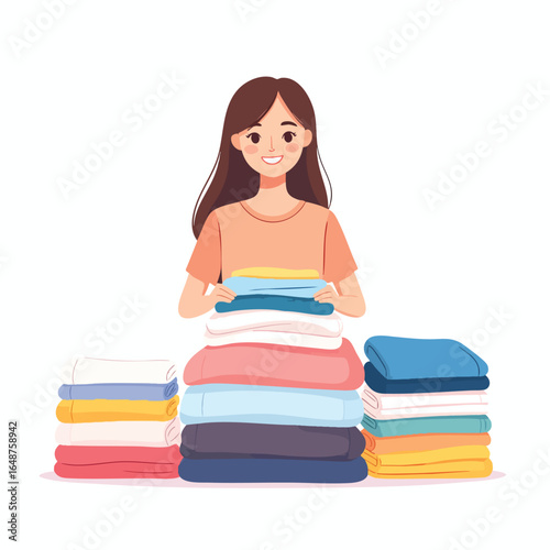 A smiling woman holds folded laundry on top of a large stack of clothes, with two smaller stacks on either side.
