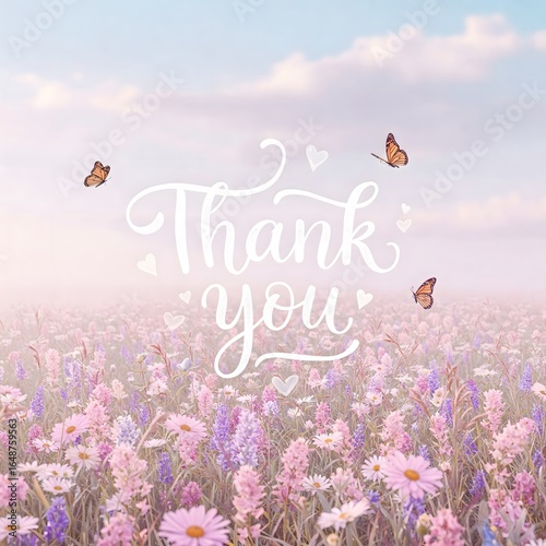 Serene floral field with butterflies and heartfelt Thank You message a beautiful nature scene perfect for gratitude cards or spring designs
