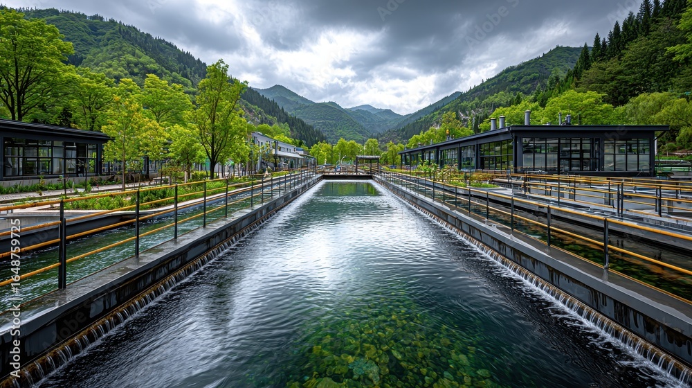 Fototapeta premium Water Treatment Plant Surrounded by Lush Green Mountains and Cloudy Sky