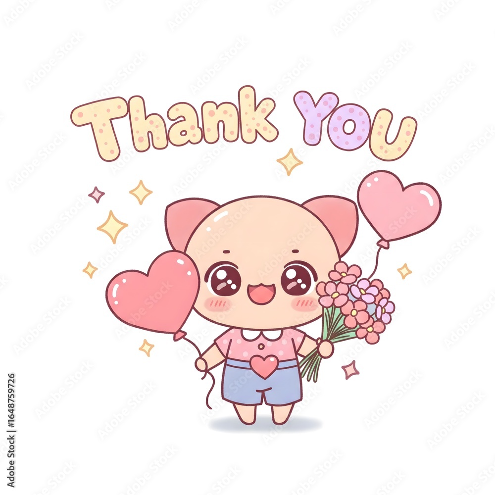 Fototapeta premium Adorable Cartoon Cat Holding Flowers and Balloons Says Thank You Perfect for Greeting Cards