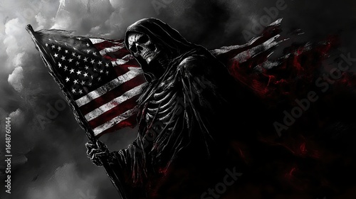 Grim Reaper Holding American Flag in Dark Stormy Clouds