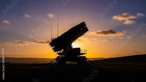 Dramatic view of a missile launching system with background sunset, a symbol of power, defense