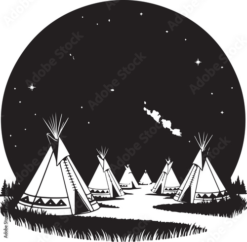 Native American Teepee Village Under Starry Night Sky
