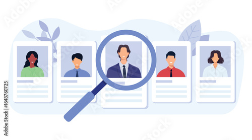 Recruitment concept. Search, choice of worker for company. Profiles of candidates with photos and resume online and magnifier to one selected candidate for vacancy. Vector illustration.