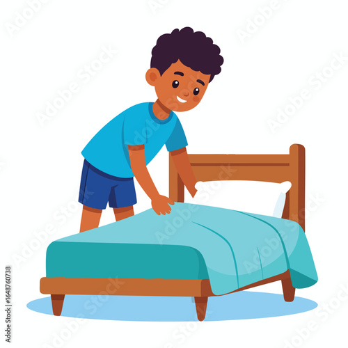 A young boy making his bed in a simple cartoon style.