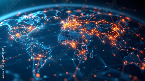 Global Digital Network: A vibrant depiction of interconnected global network, showcasing the digital world's infrastructure, data flow, and international connections.
