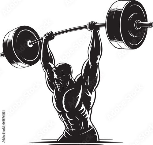 Muscular athlete lifts heavy barbell overhead in powerful pose